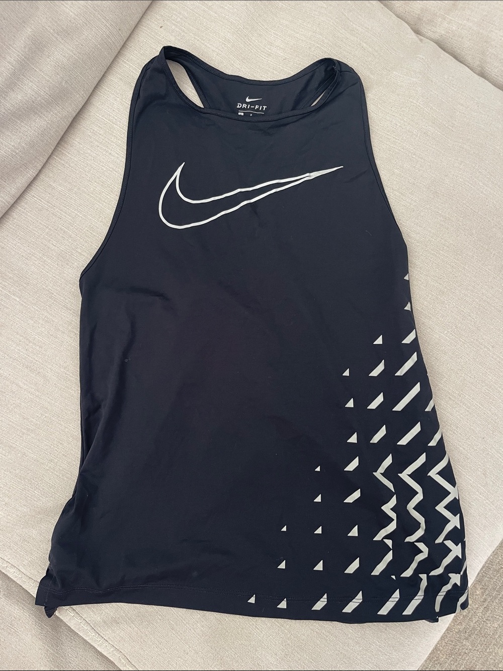 Nike Black Tank with White Swoosh and Geometric Side Print